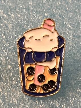 Blue Bubble Tea Enamel Pin with Pink Straw - Small Pets Category